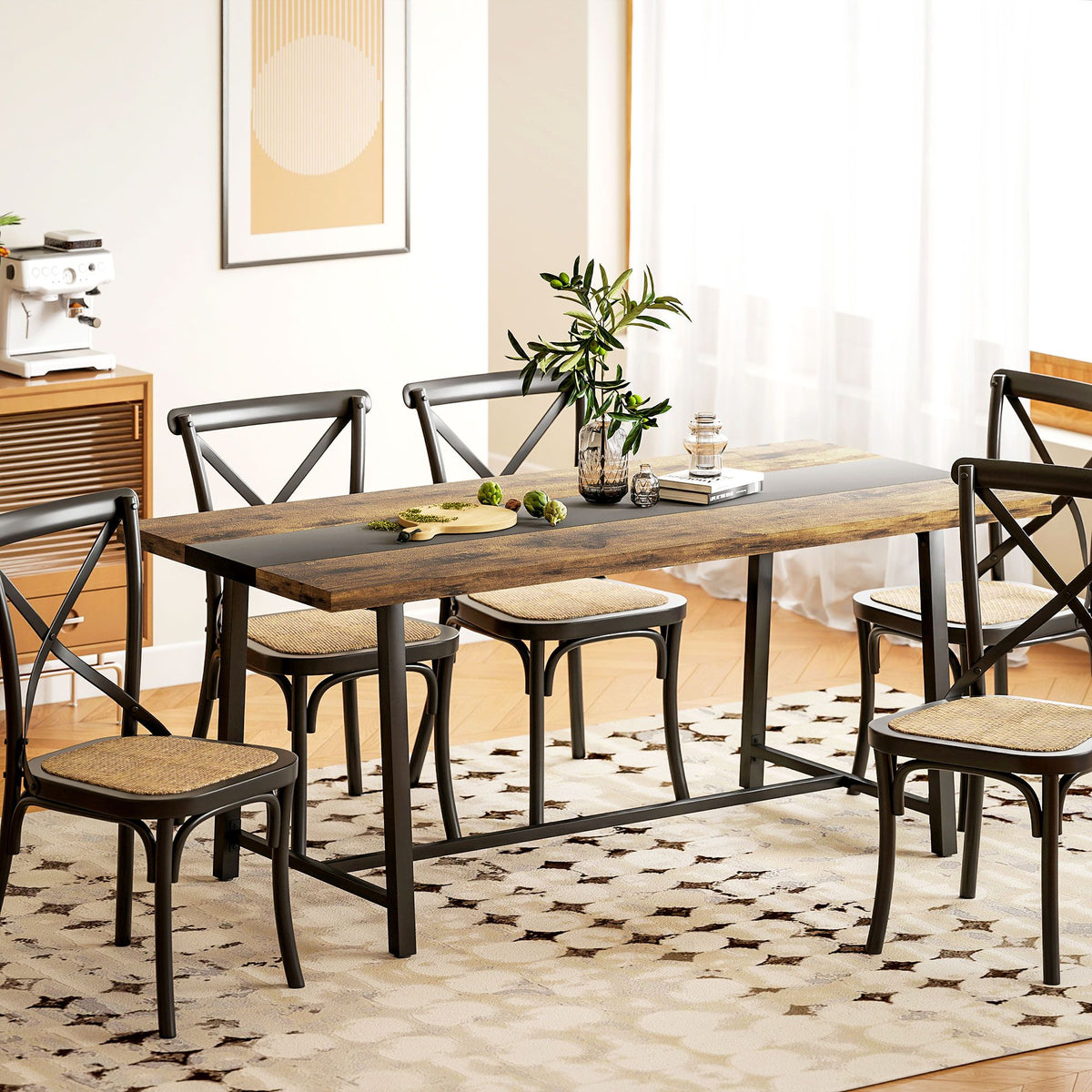 Industrial dining table, 70.9 inch brown wood top, steel legs, seats 8