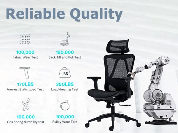 Ergonomic office chair with high mesh back, adjustable headrest, lumbar support, and padded seat.