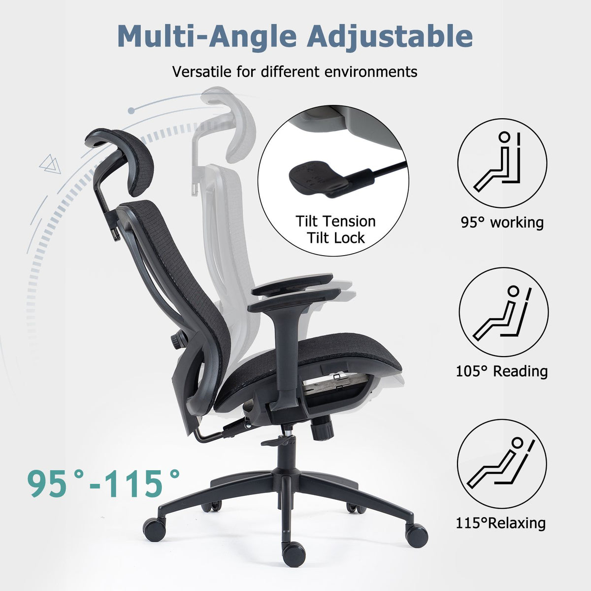 Ergonomic office chair with high mesh back, adjustable headrest, lumbar support, and padded seat.