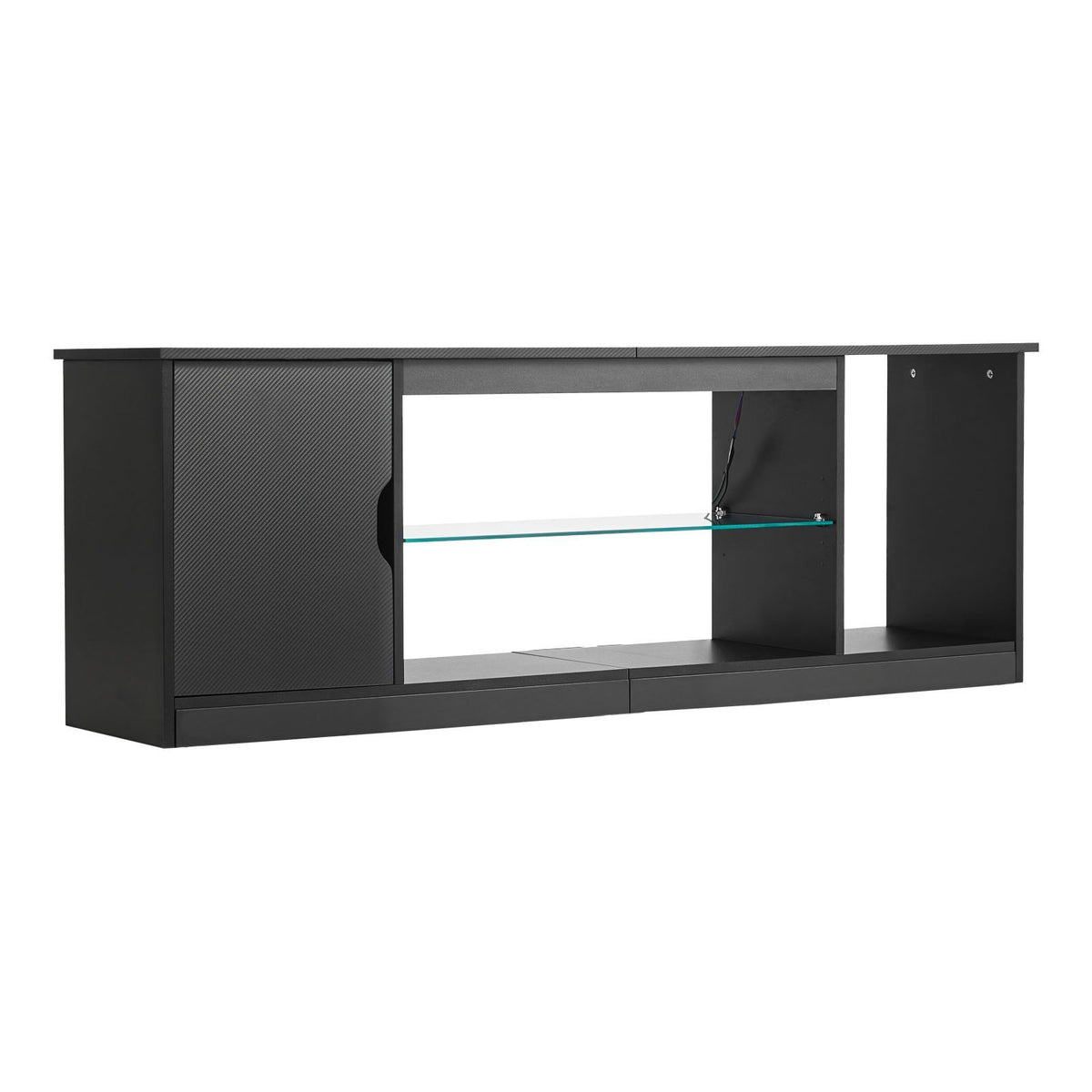 Modern light oak TV stand for 65-inch TVs with glass shelf and LED strip