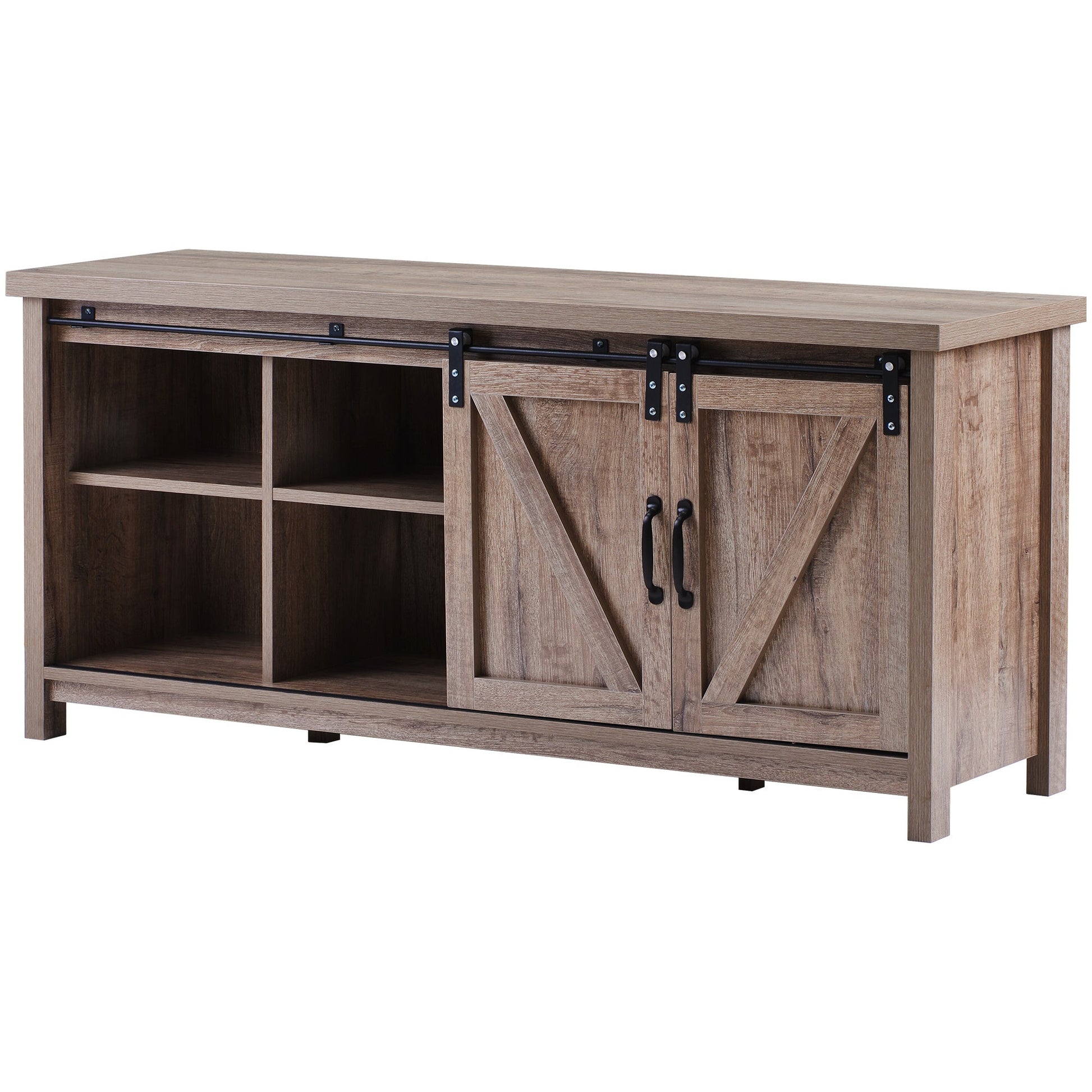 Stylish TV Stand, Melamine board with sliding doors and sturdy legs for stability, perfect for any living room.