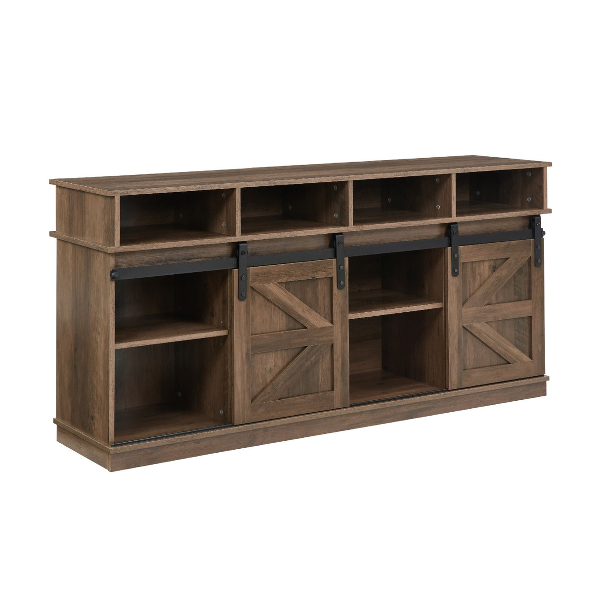 Natural brown farmhouse barn door TV stand with wood storage and entertainment center