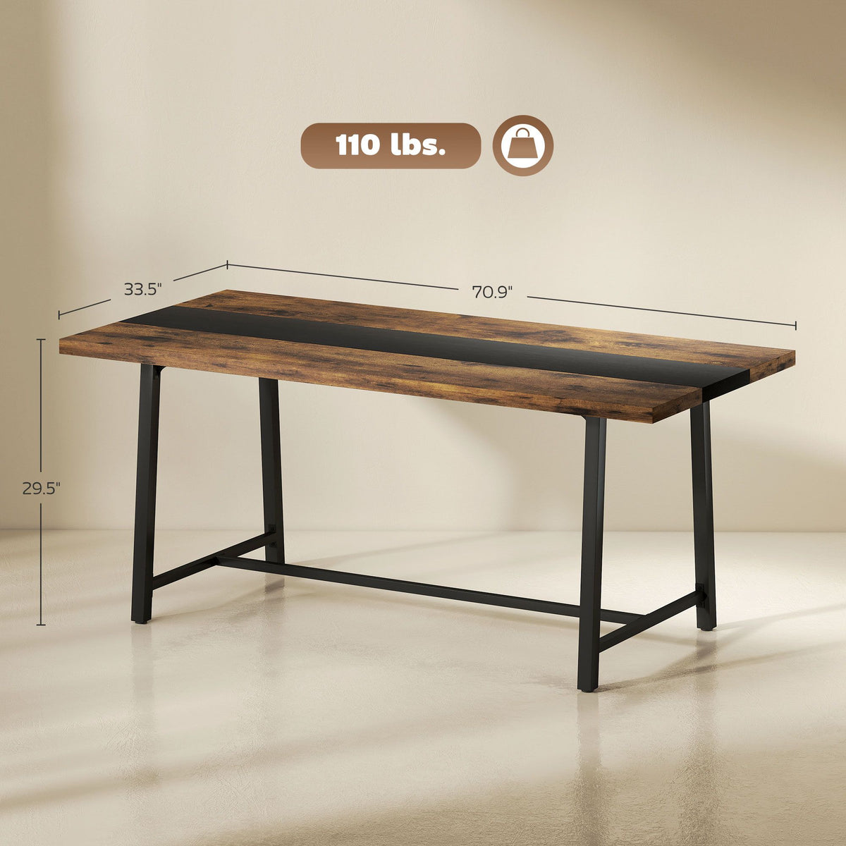 Industrial brown dining table for 8, 70.9 inch tabletop, steel legs