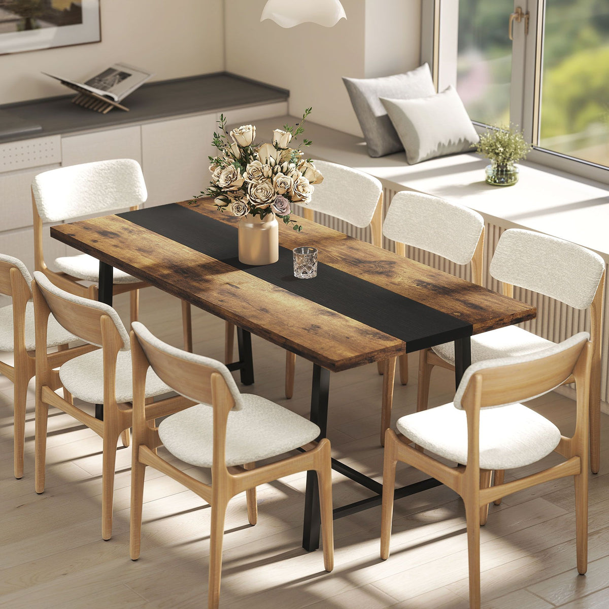 Industrial dining table for 8, 70.9 inch brown wood top, steel legs