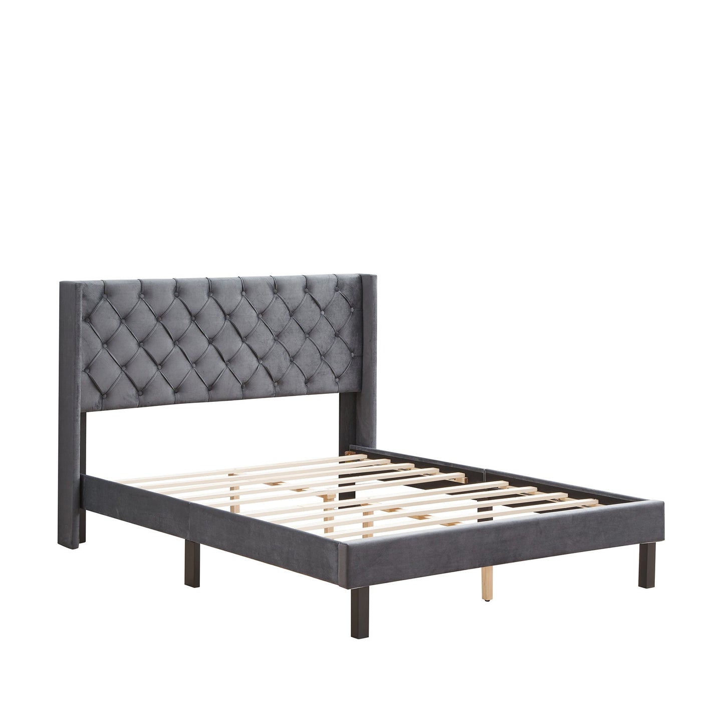 Stylish Upholstered Queen Bed with Wings Design, featuring a tufted headboard and sturdy slats for mattress support.