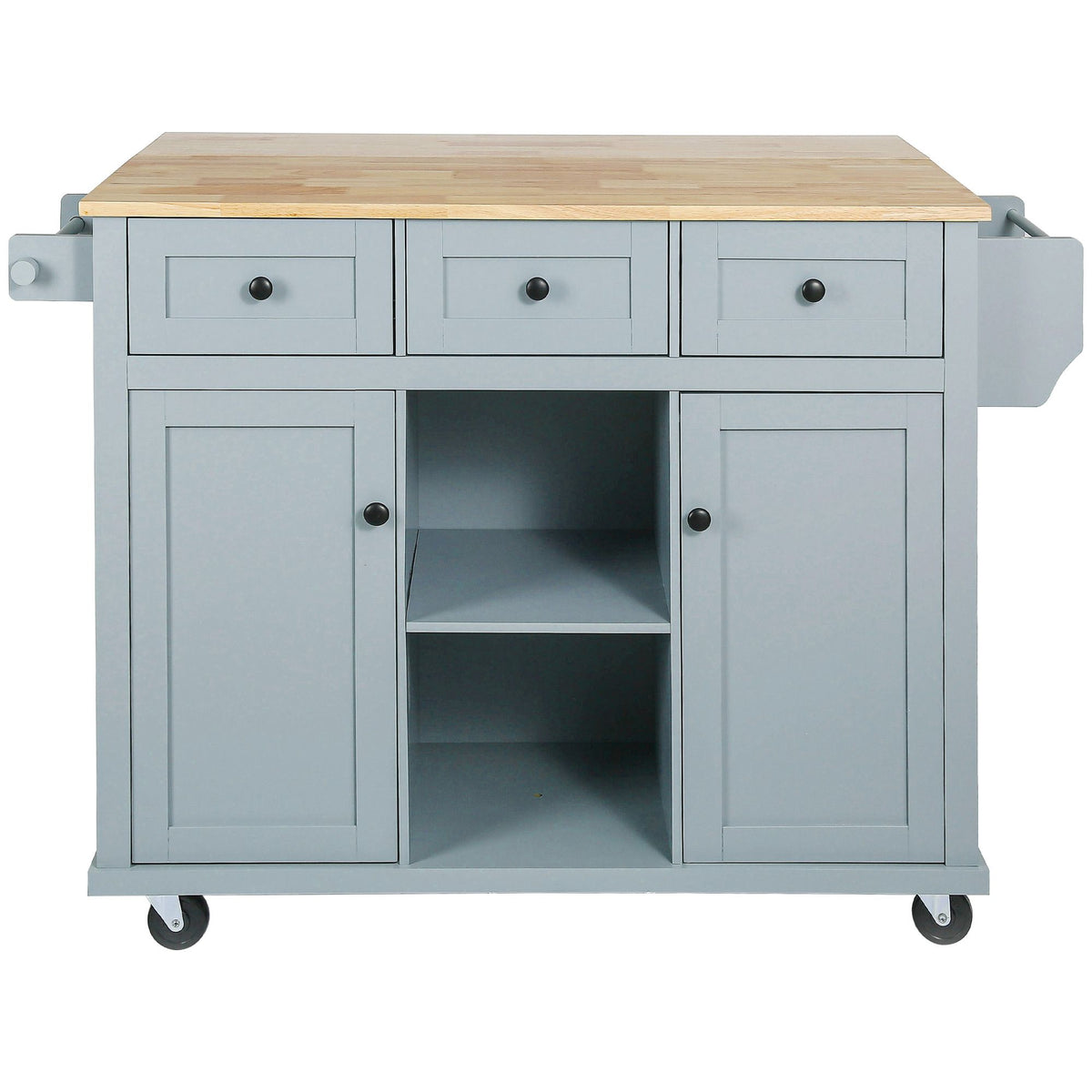 Kitchen cart with drop-leaf rubber wood countertop and 5 wheels, drawers, and cabinet.