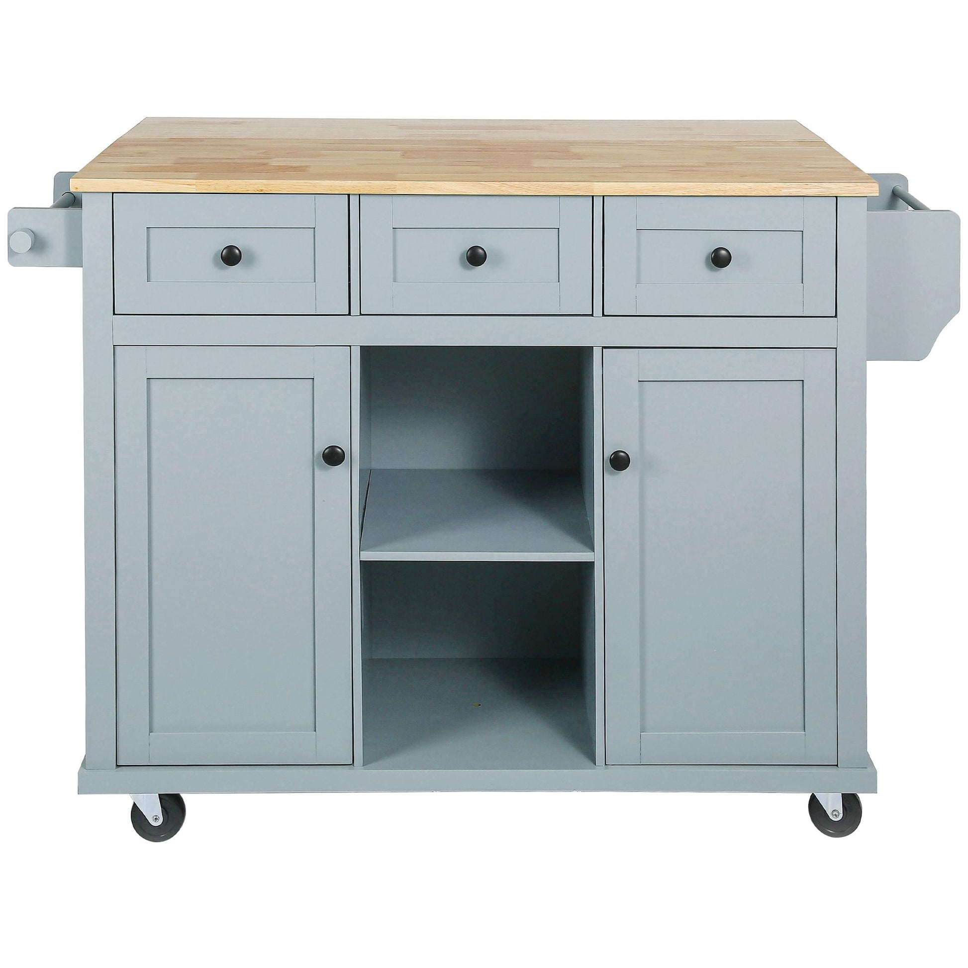 Kitchen cart with drop-leaf rubber wood countertop and 5 wheels, drawers, and cabinet.