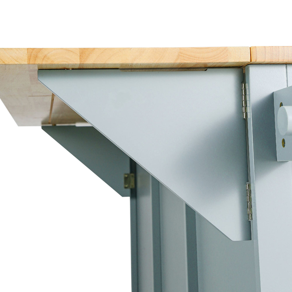 Kitchen cart with drop-leaf rubber wood countertop and 5 wheels.