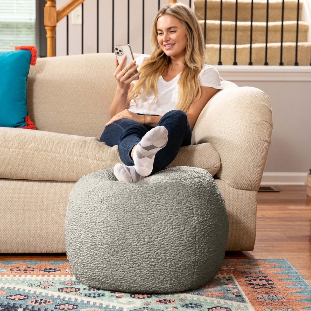 Jaxx Ellis ottoman in smoke faux lamb shearling plush, small size