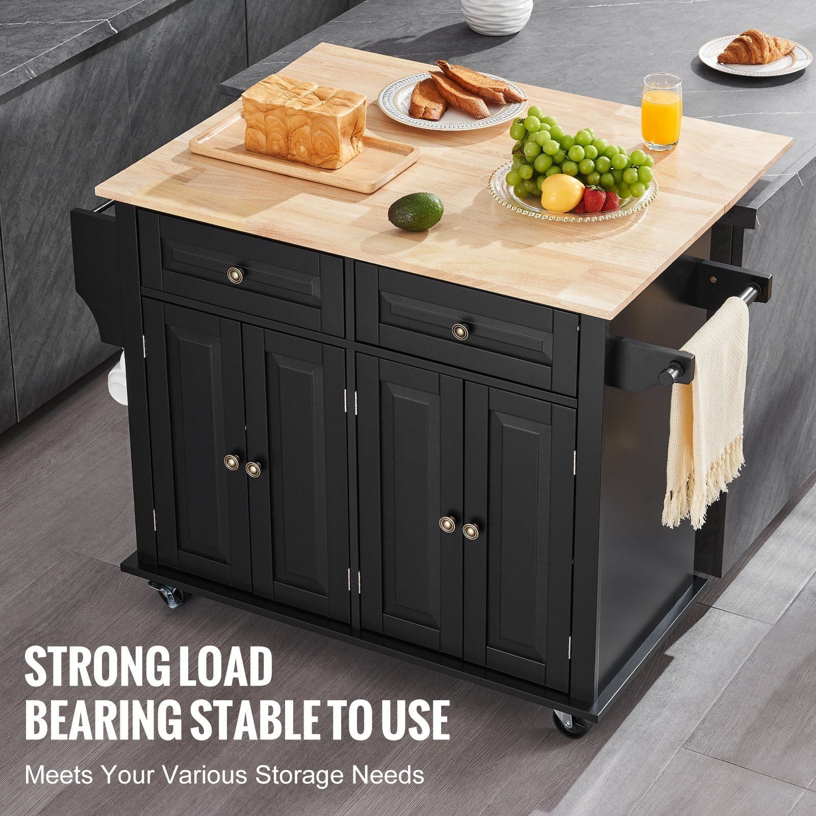 43 inch wood top kitchen island cart with storage cabinet and wheels