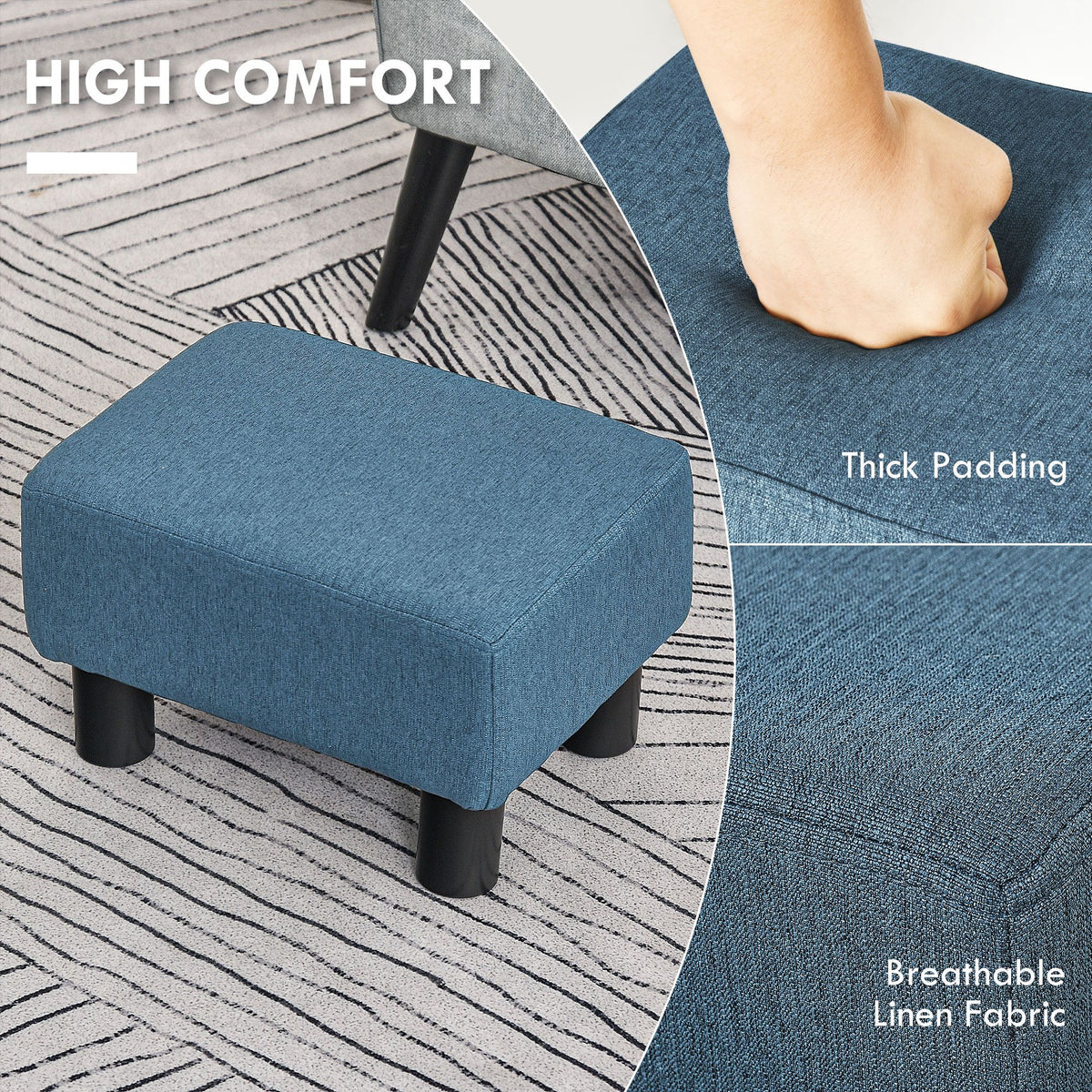 Blue linen cube ottoman footrest for living room