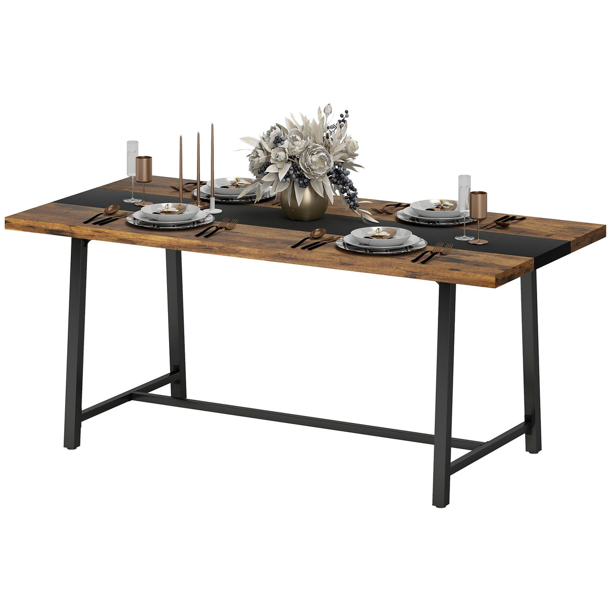 Industrial dining table for 8, 70.9 inch brown wood tabletop, steel legs