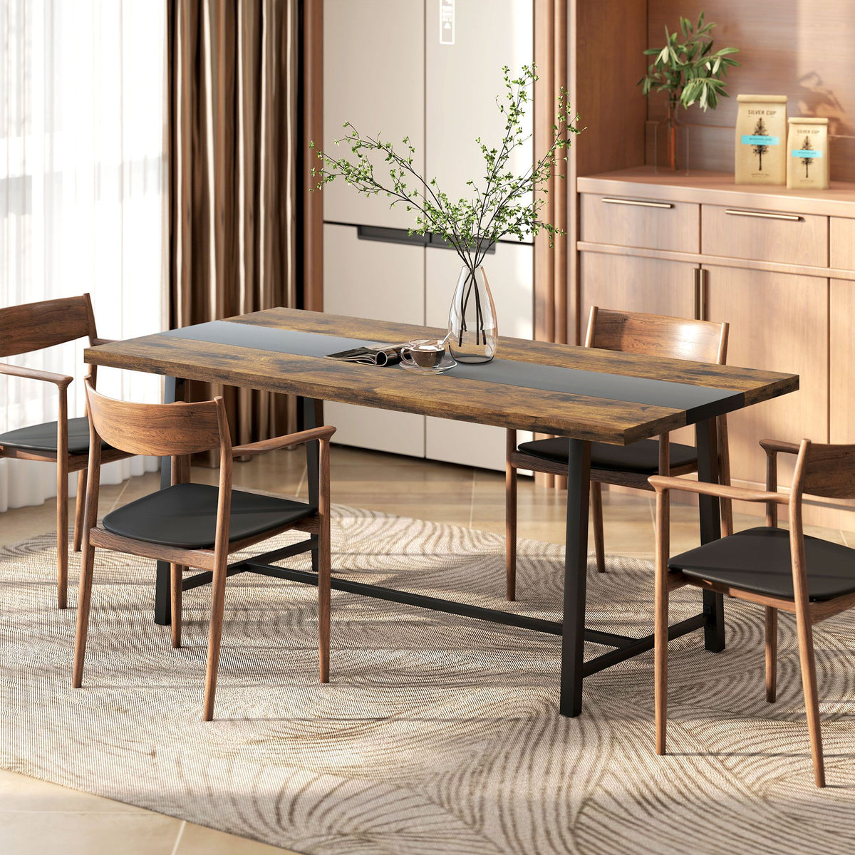 Industrial brown dining table for 8, 70.9 inch tabletop, steel legs
