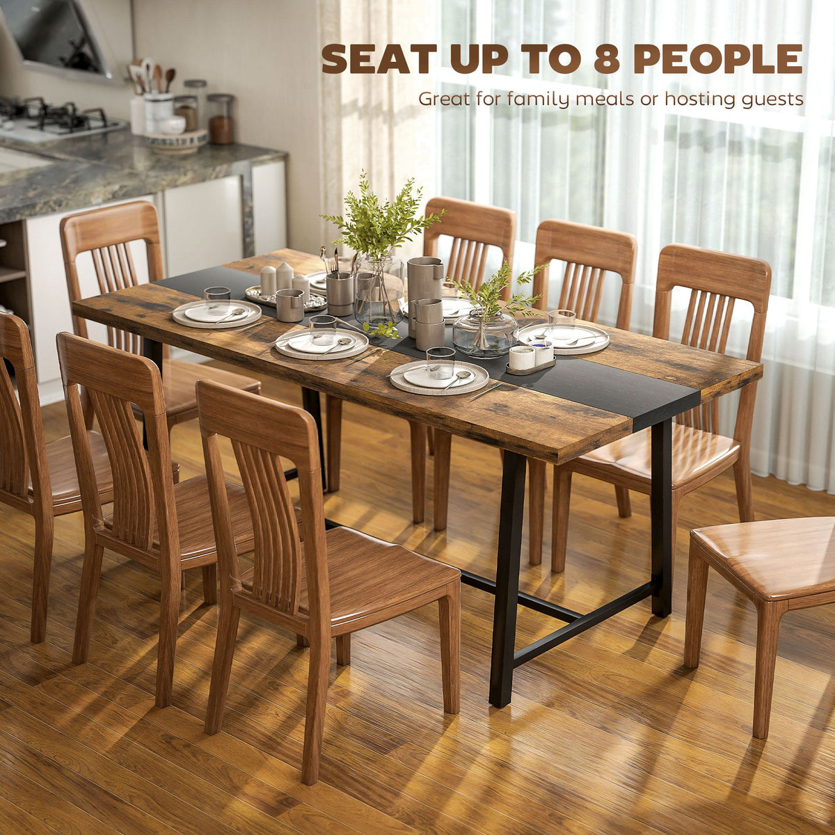 Industrial dining table, 70.9 inch brown wood top, steel legs, seats 8