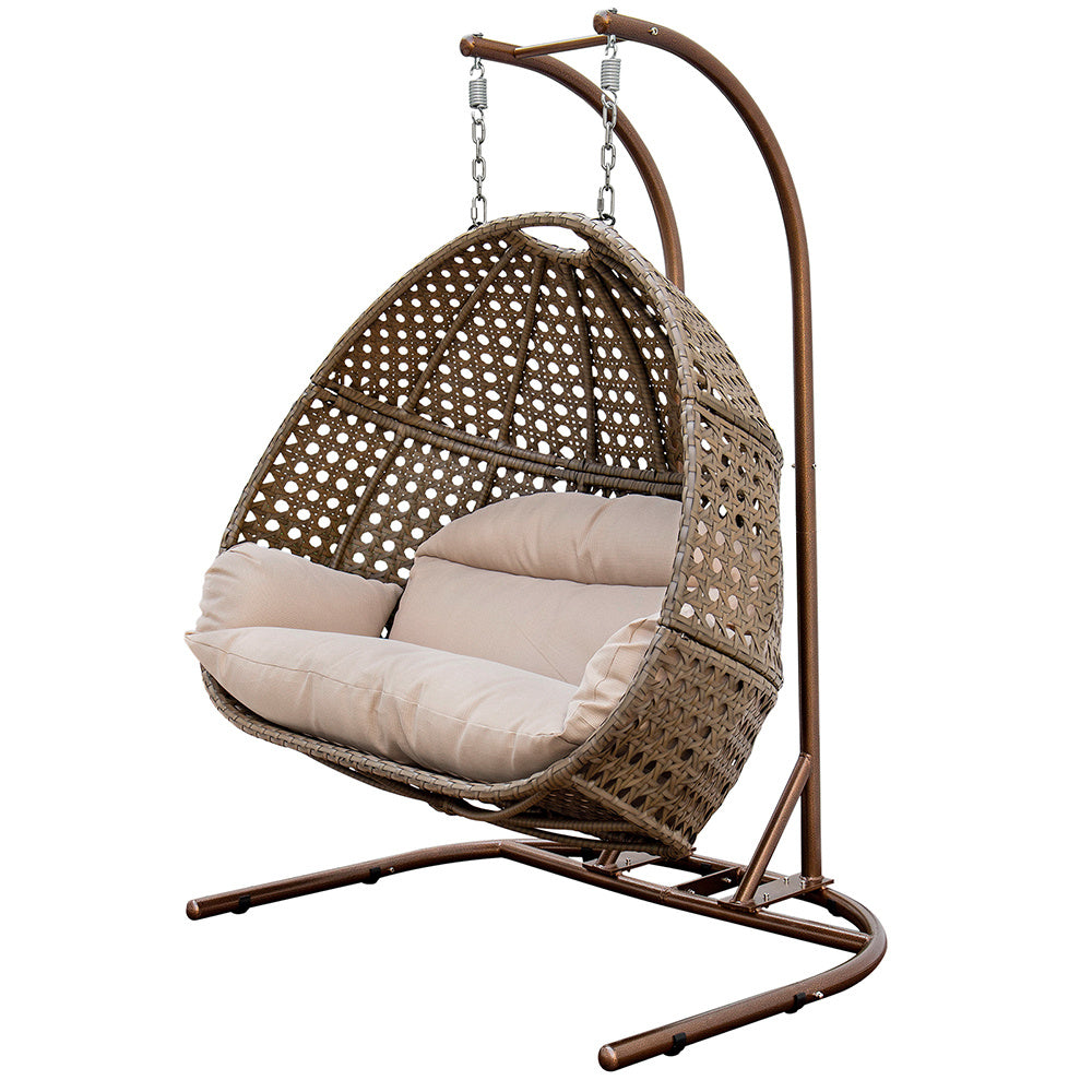 Stylish Brown Wicker Double-Seat Swing Chair with Stand