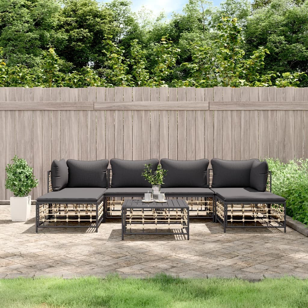 7-Piece Anthracite Poly Rattan Patio Lounge Set with Cushions