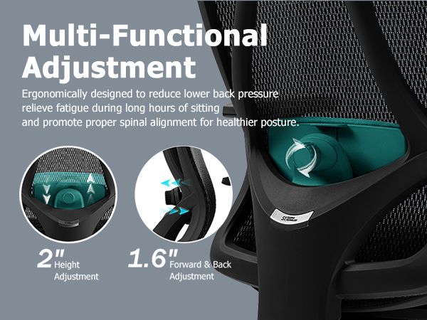Ergonomic mesh office chair with adjustable headrest, lumbar support, and padded seat.