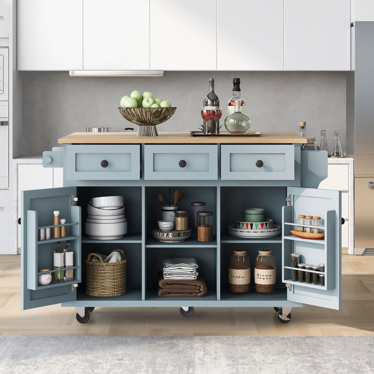 Kitchen cart with drop-leaf rubber wood countertop and 5 wheels, cabinet, and drawers.