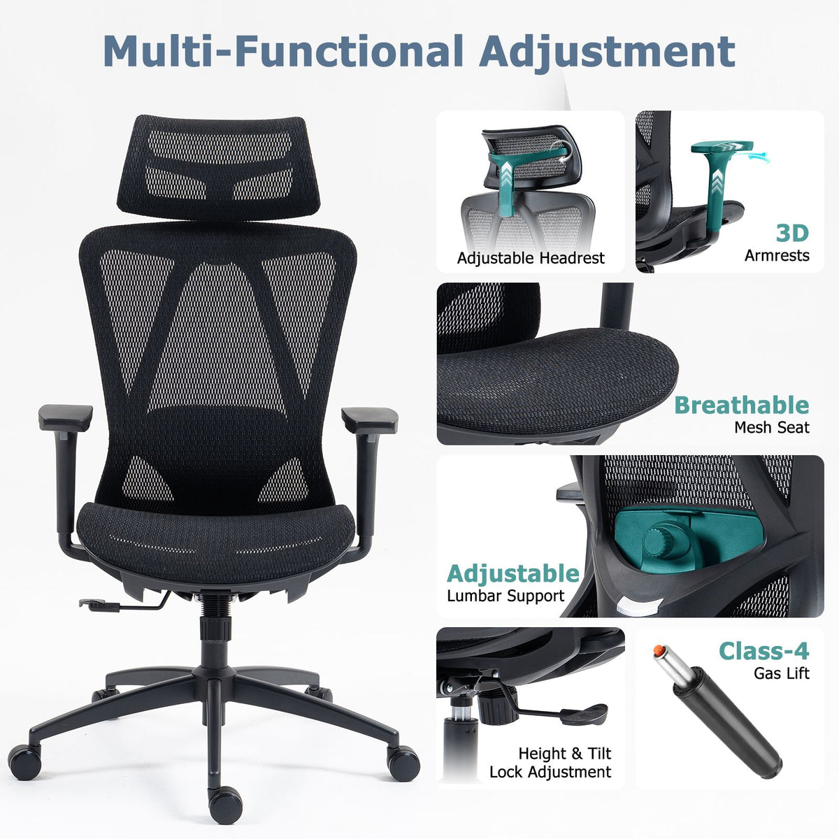 Ergonomic office chair with adjustable headrest, lumbar support, and breathable mesh seat.