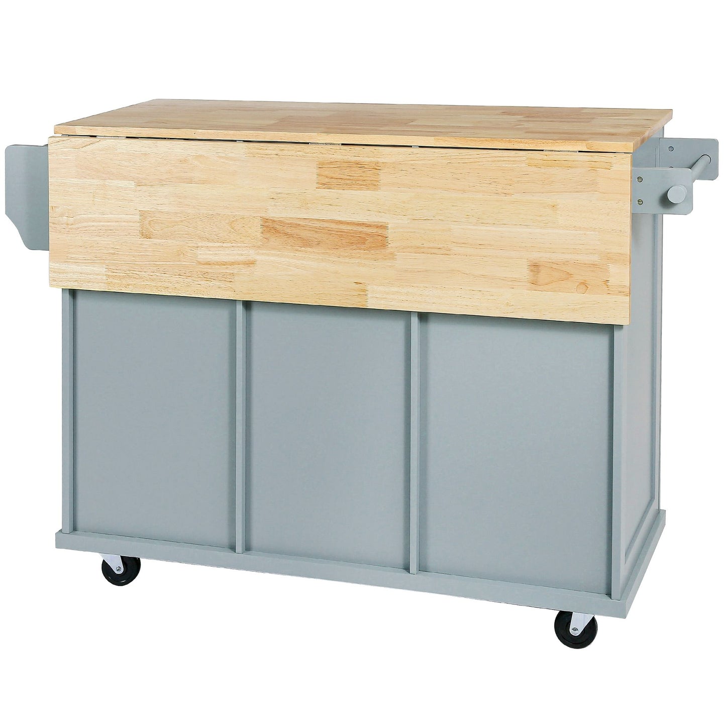Kitchen cart with drop-leaf rubber wood countertop and 5 wheels, cabinet, drawers