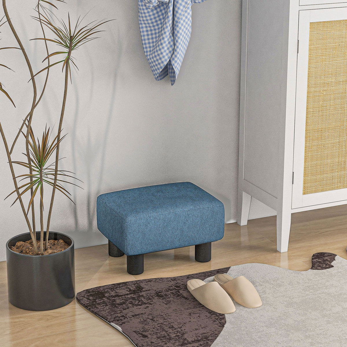 Small blue linen cube ottoman footrest for living room