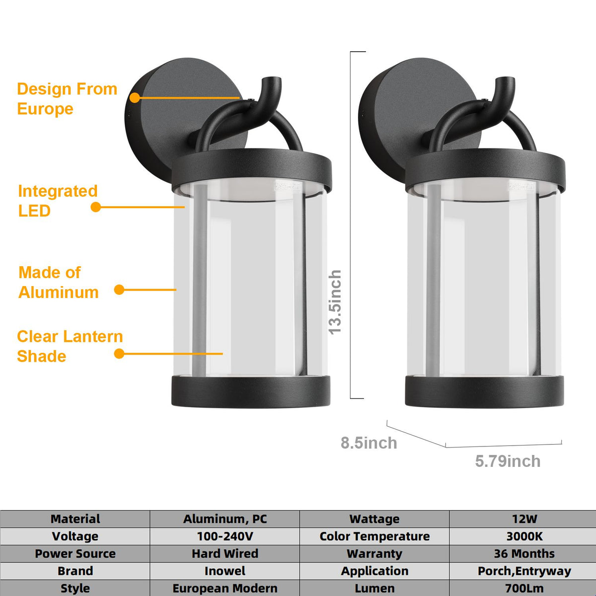 Inowel outdoor IP65 waterproof LED wall sconce lantern exterior light fixture.