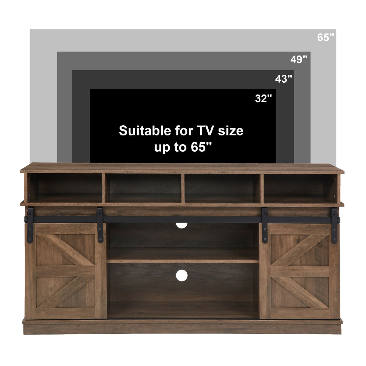 Natural brown farmhouse barn door TV stand with wood storage and entertainment center
