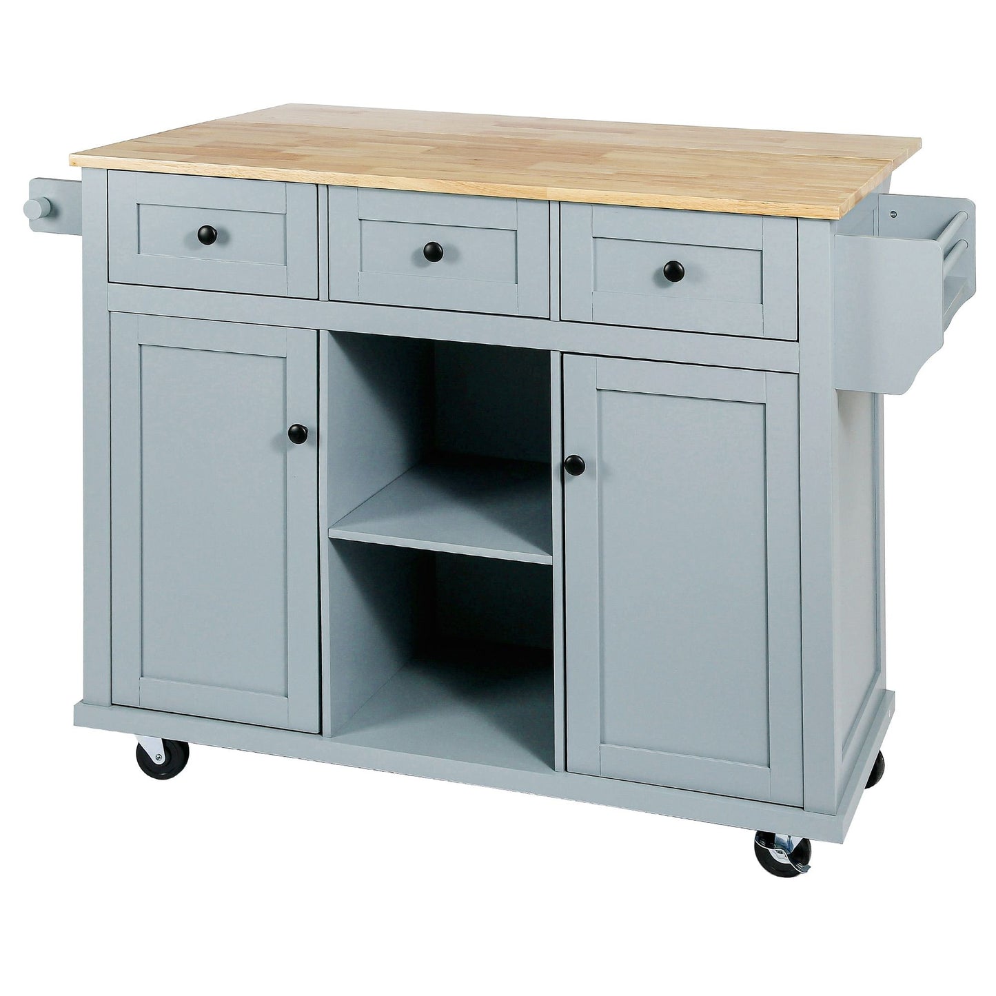Kitchen cart with drop-leaf rubber wood countertop and five wheels, cabinet, and drawers.
