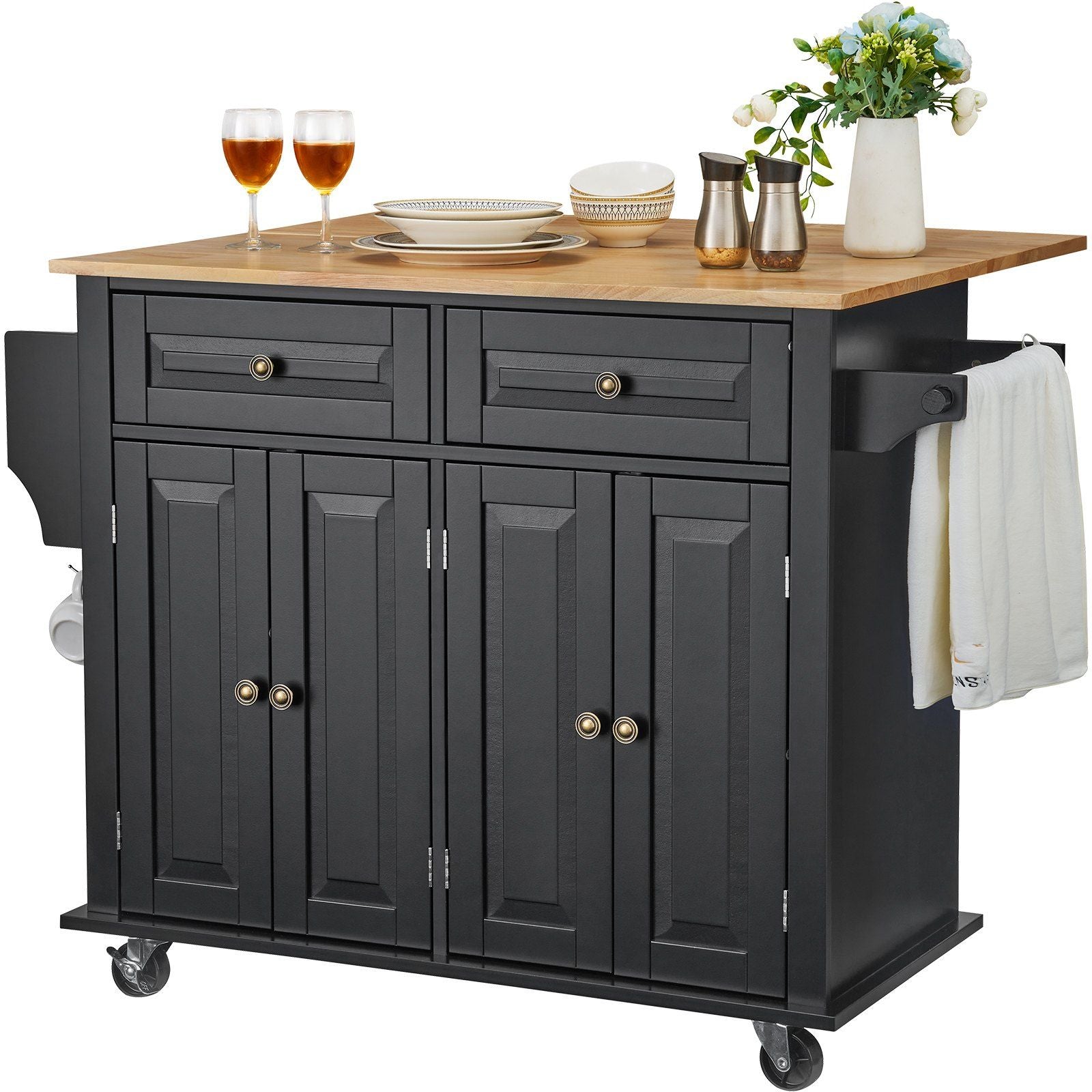 43-inch wood top kitchen island cart with wheels and storage cabinet
