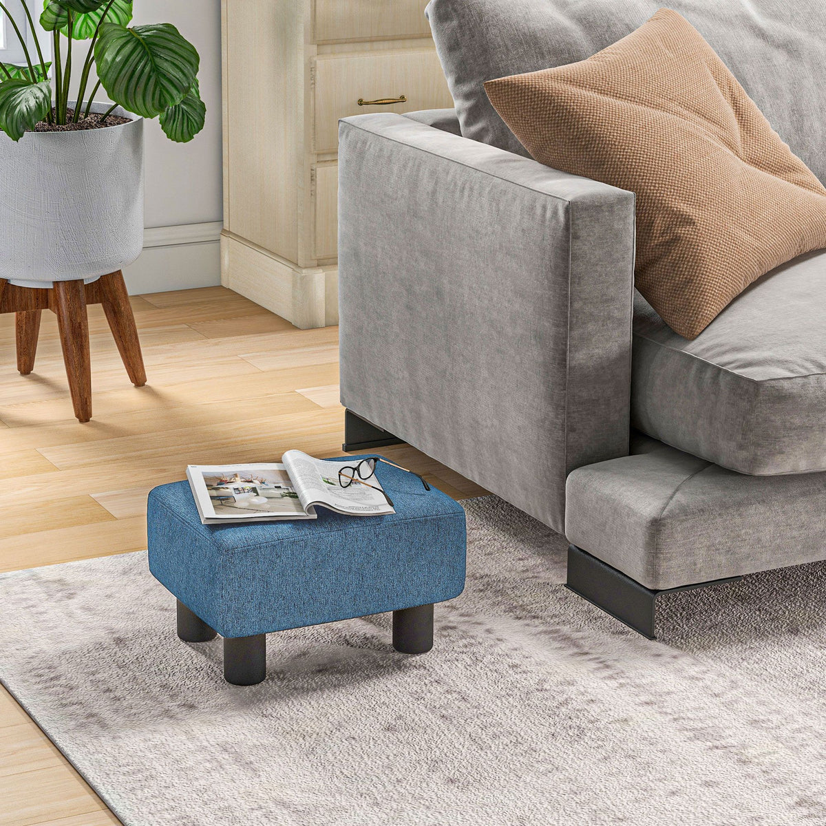 Small blue linen cube ottoman footrest for living room