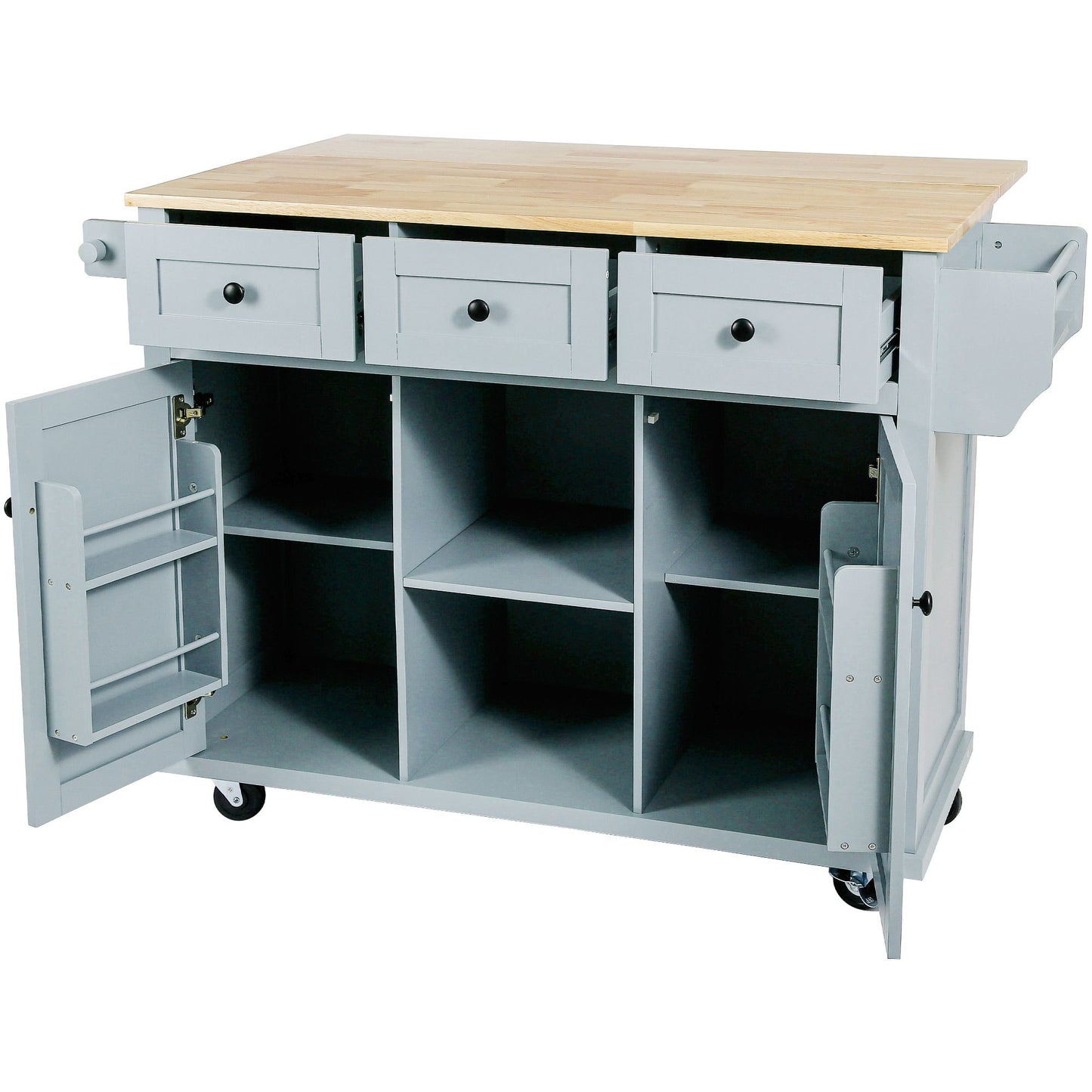 Kitchen cart with drop-leaf rubber wood countertop and 5 wheels, cabinet, and drawers.