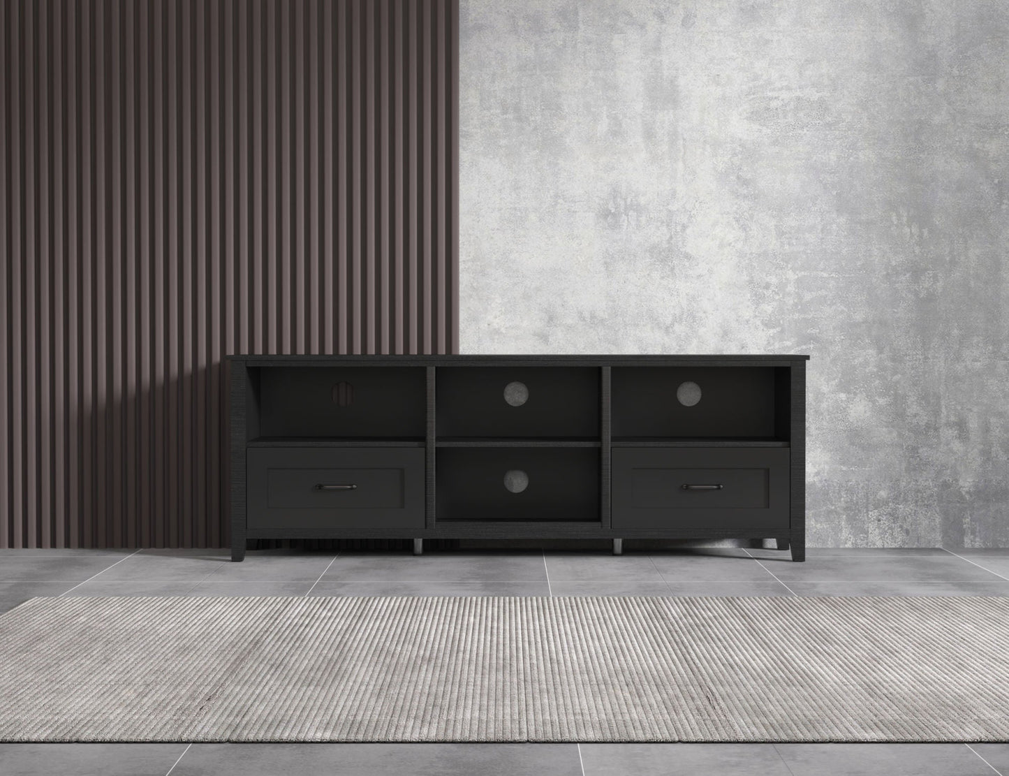 Sleek Black TV Stand for Living Room and Bedroom with spacious tabletop and 4 open compartments for optimal storage.