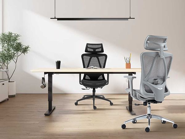Ergonomic mesh office chair with adjustable headrest, lumbar support, and padded seat.
