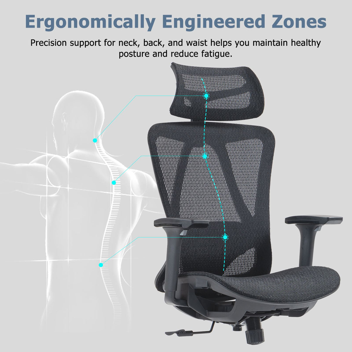 Ergonomic mesh office chair with adjustable headrest, lumbar support, and padded seat.