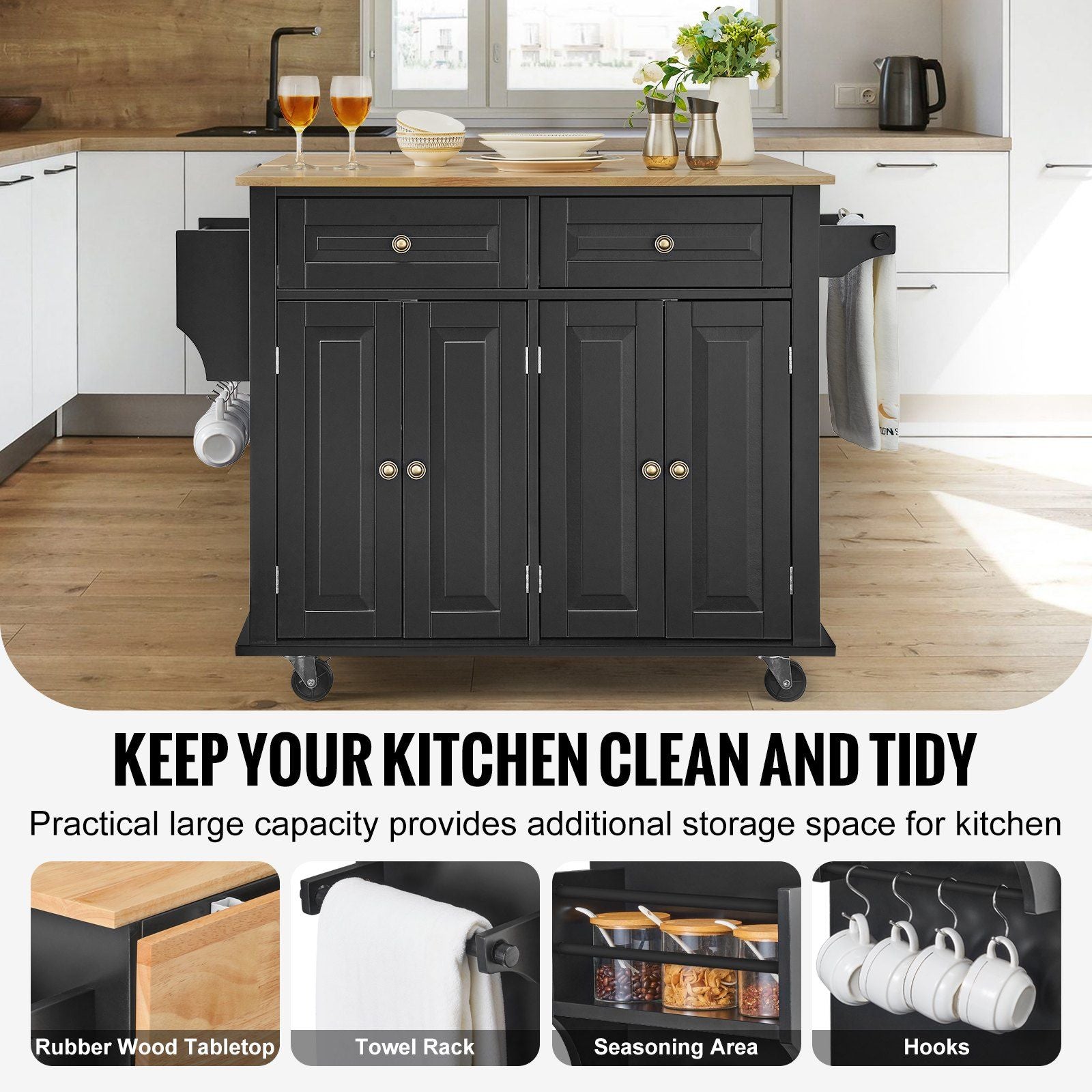 43-inch wood top kitchen island cart with wheels and storage cabinet