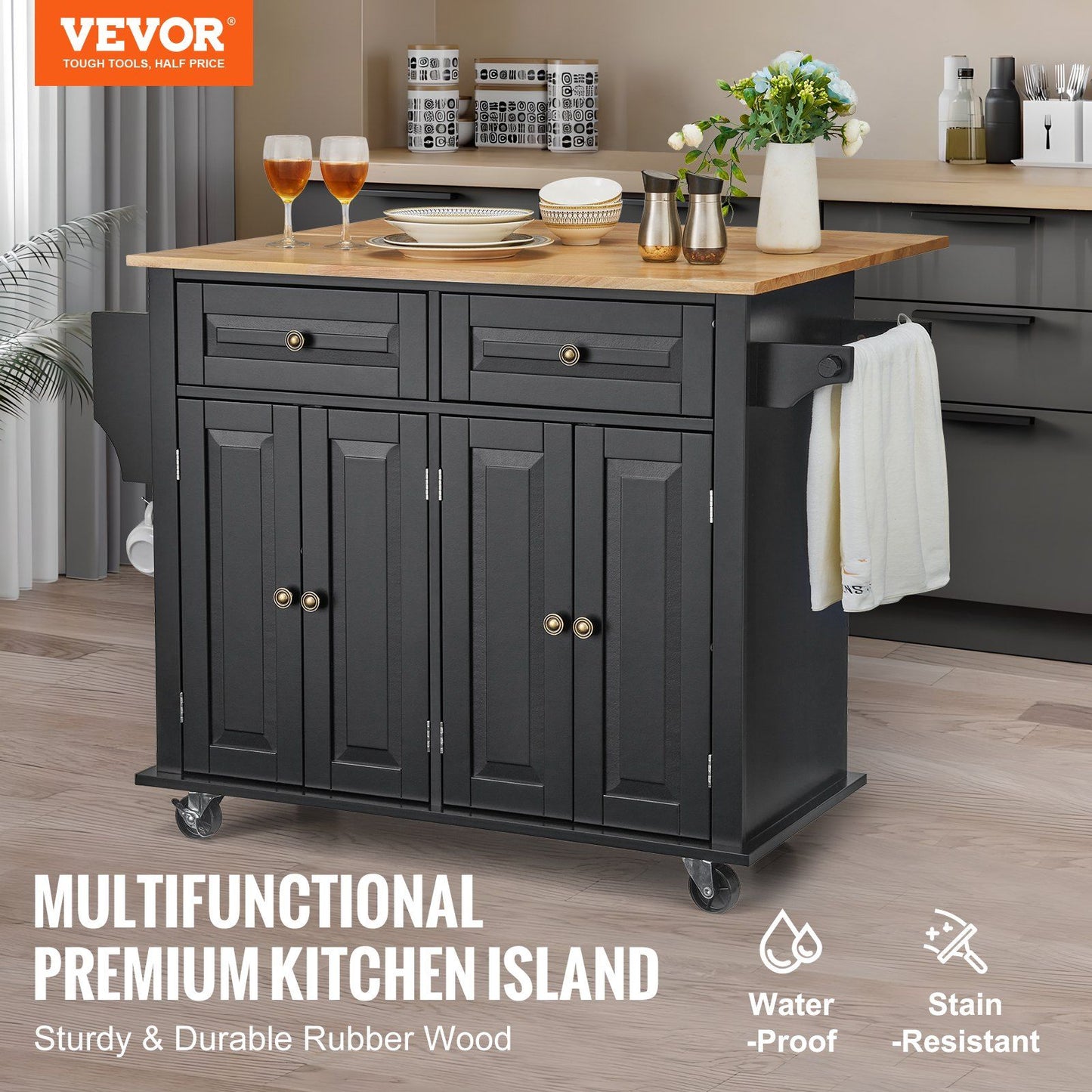 43-inch wood top kitchen island cart with wheels and storage cabinet