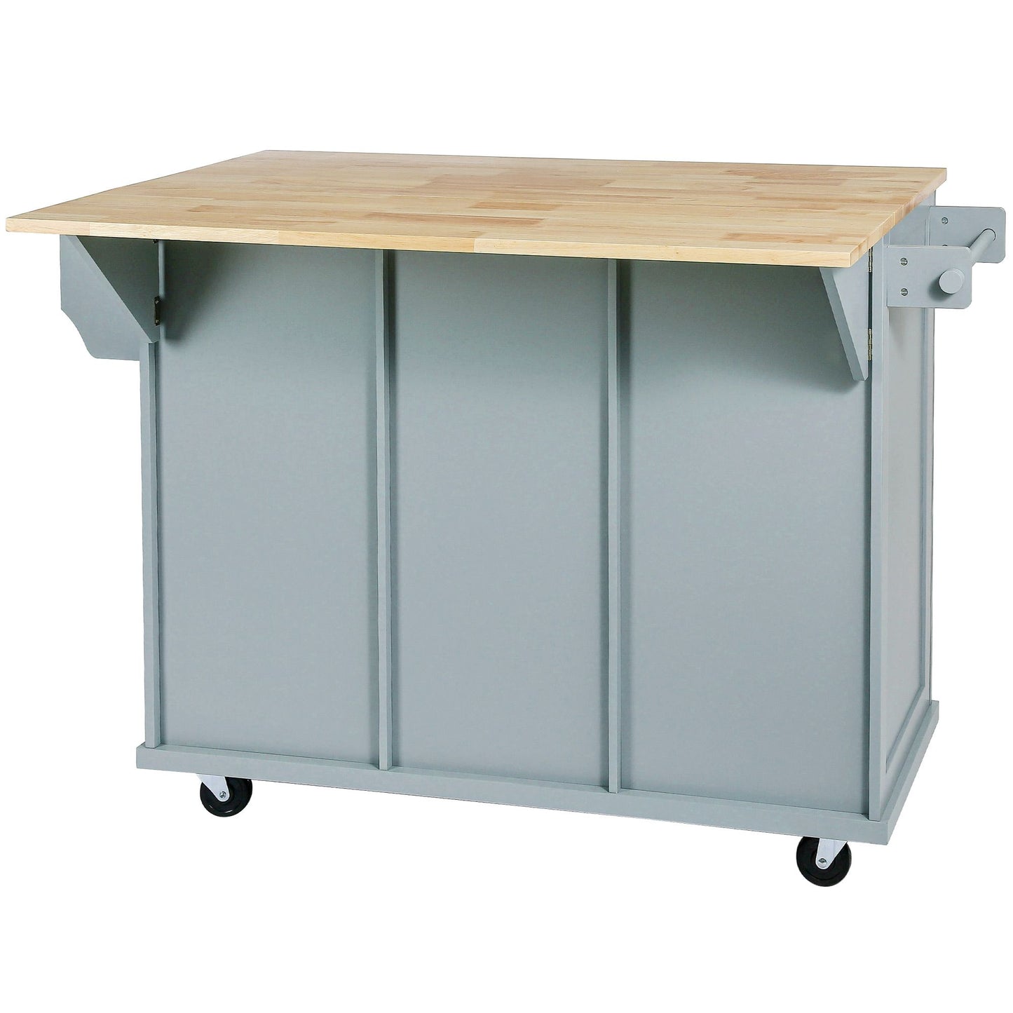 Kitchen cart with drop-leaf rubber wood countertop on 5 wheels, cabinet, and drawers