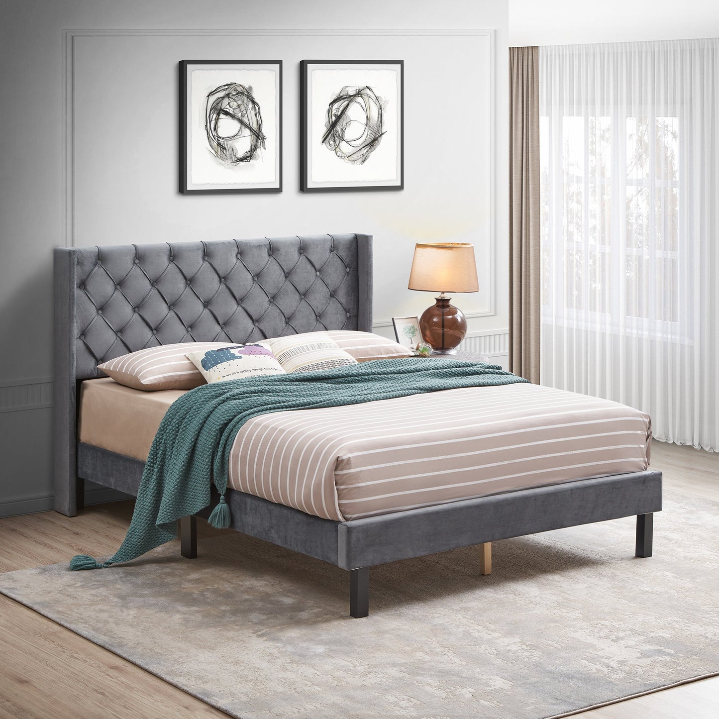 Stylish Upholstered Queen Bed with Wings Design featuring a tufted headboard and sturdy wooden slats for easy assembly.