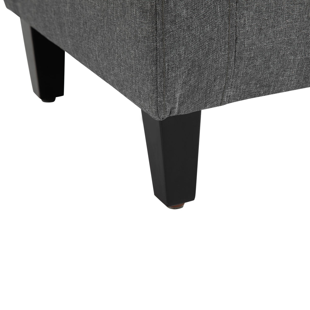 Gray linen upholstered storage ottoman with lift-top, space-saving footstool.