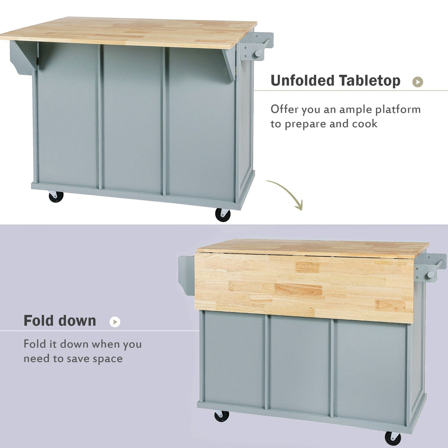 Kitchen cart with drop-leaf rubber wood countertop and 5 wheels, featuring cabinet and drawers.