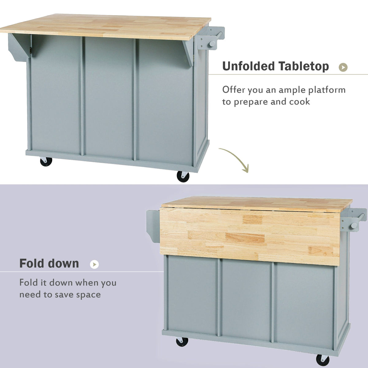 Kitchen cart with drop-leaf rubber wood countertop and 5 wheels, featuring cabinet and drawers.