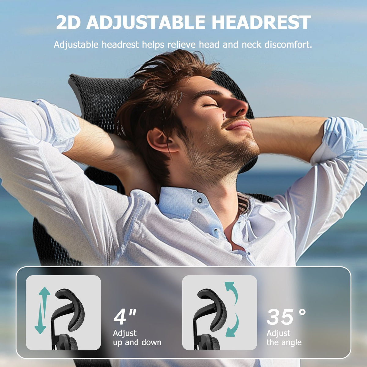 Ergonomic black mesh office chair with adjustable headrest and lumbar support.