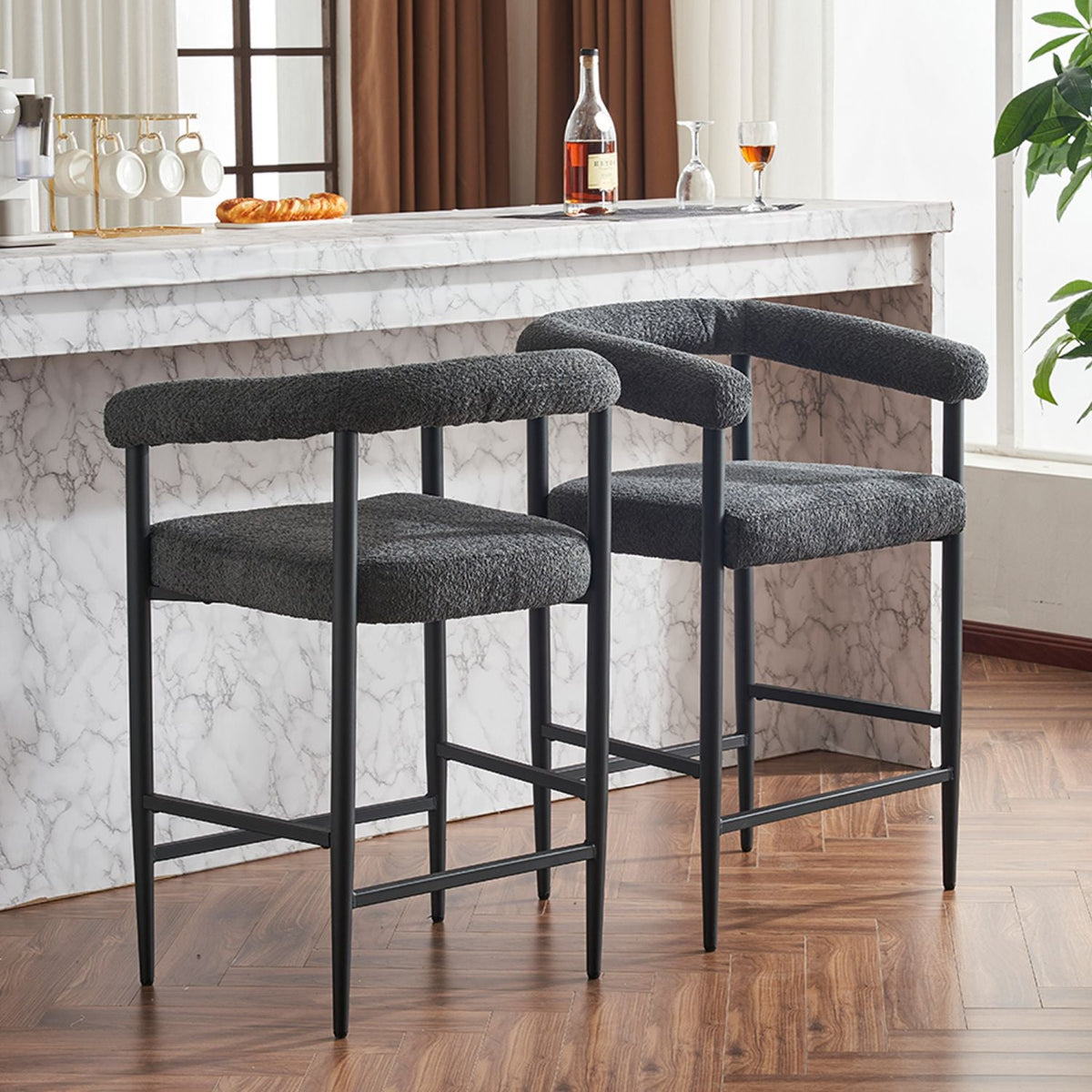 Two boucle fabric upholstered modern counter height bar stools