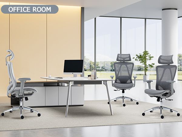 Ergonomic office chair with adjustable headrest, lumbar support, and padded seat.