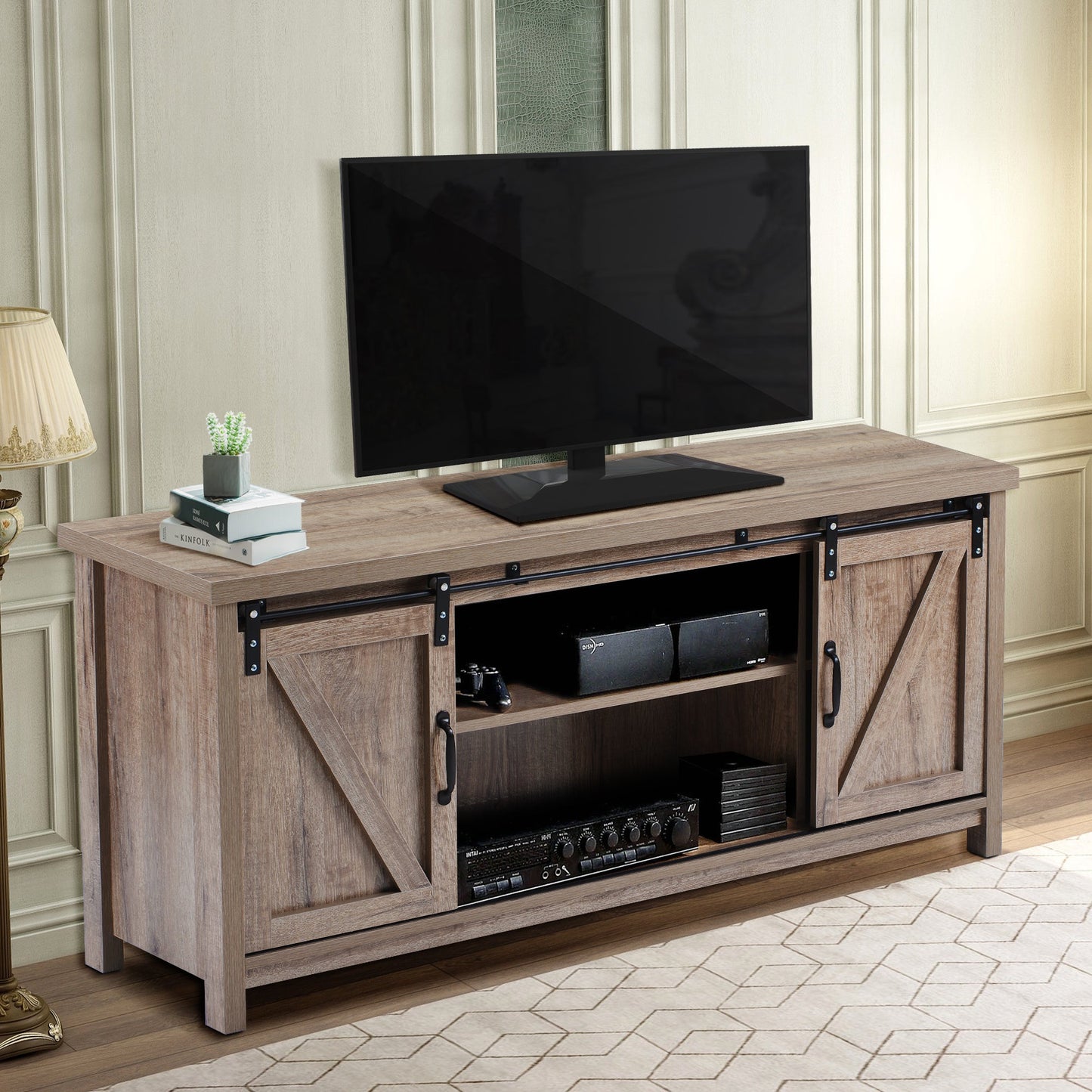 Stylish TV Stand, Melamine board with sliding doors and sturdy legs, perfect for modern living spaces.