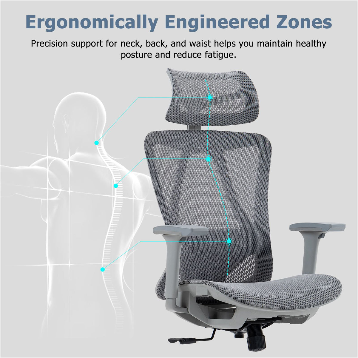 Ergonomic office chair with breathable mesh, adjustable headrest, lumbar support, and padded seat.
