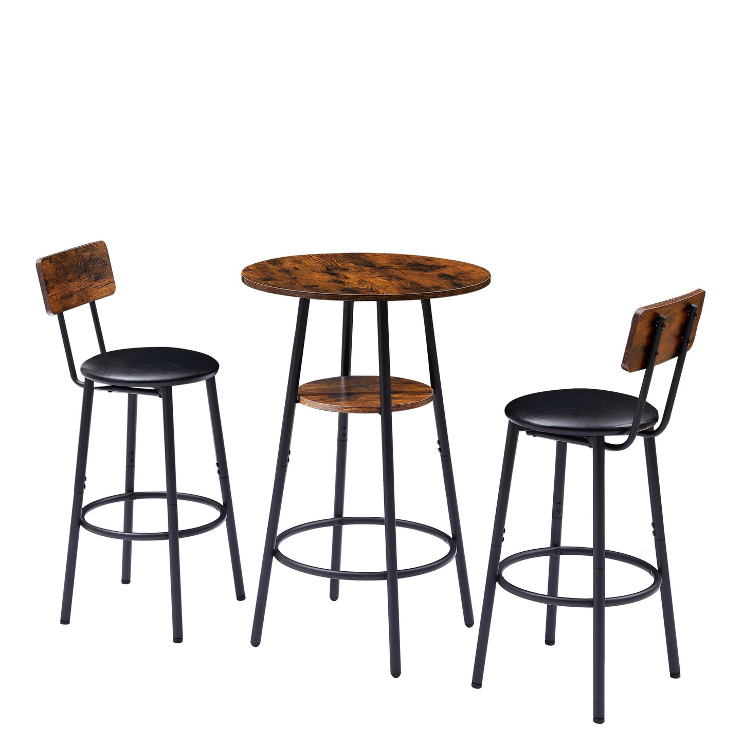 Rustic Brown Upholstered Bar Stool Set with Shelf and Backrest