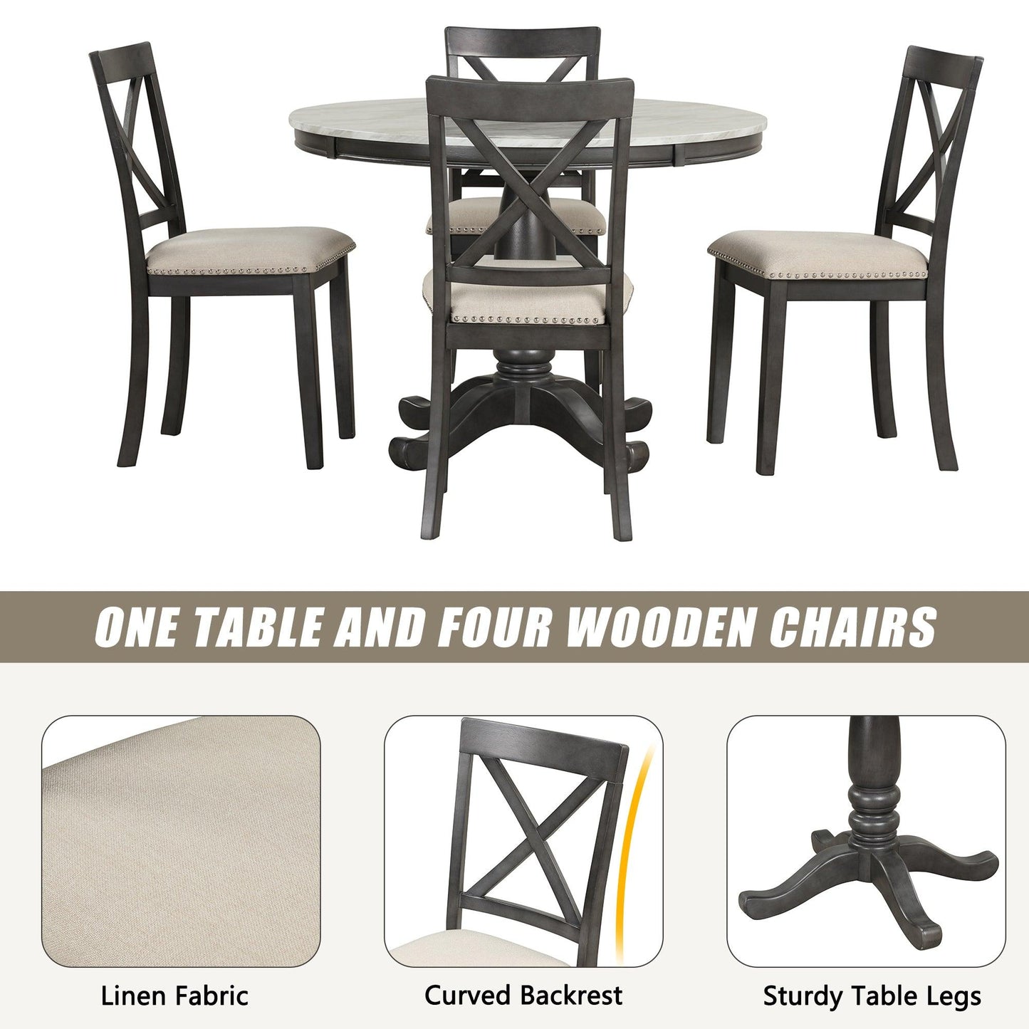 Dining Table and Chairs Set for 4 Persons Solid Wood