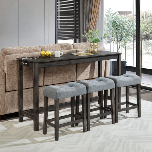 4 Piece Bar Table Set with Power Outlet Dark Gray Stools