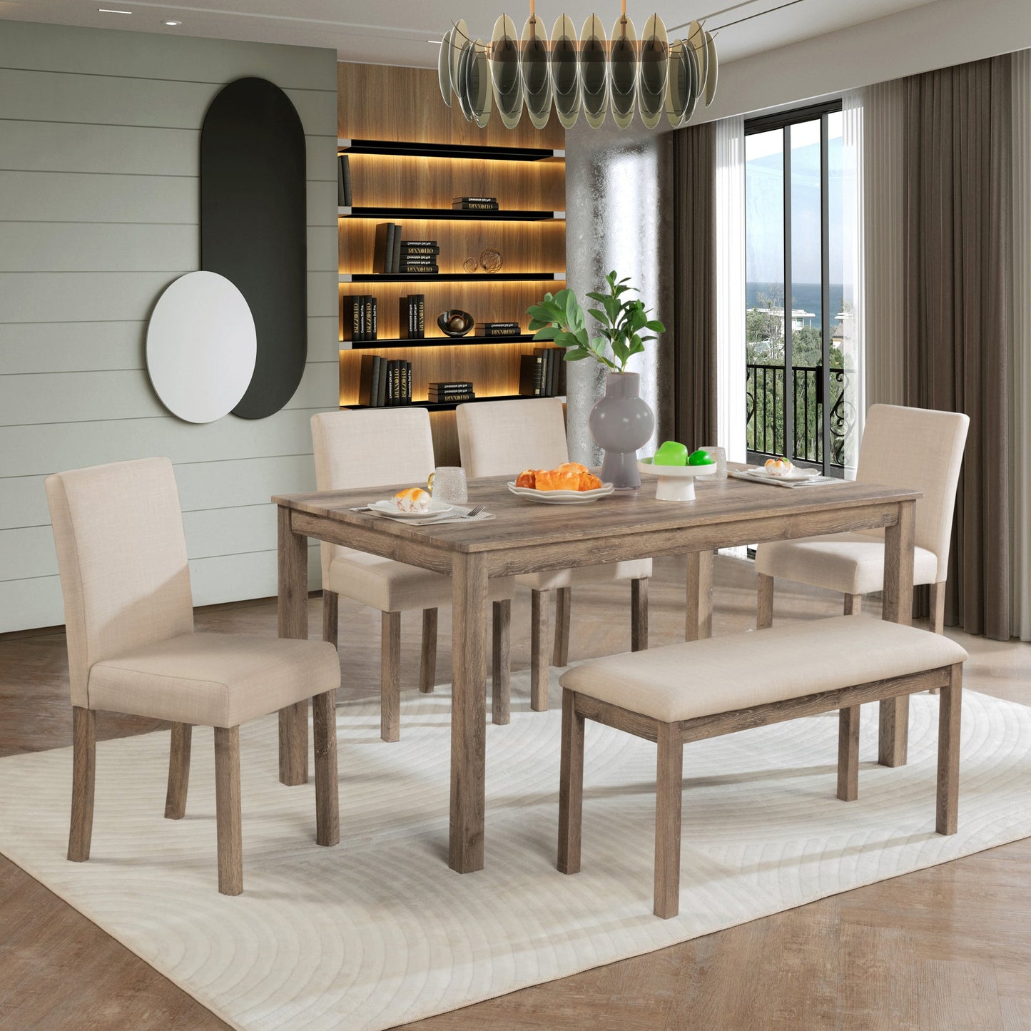 6-Piece Dining Table Set with 4 Chairs and Bench (Brown)